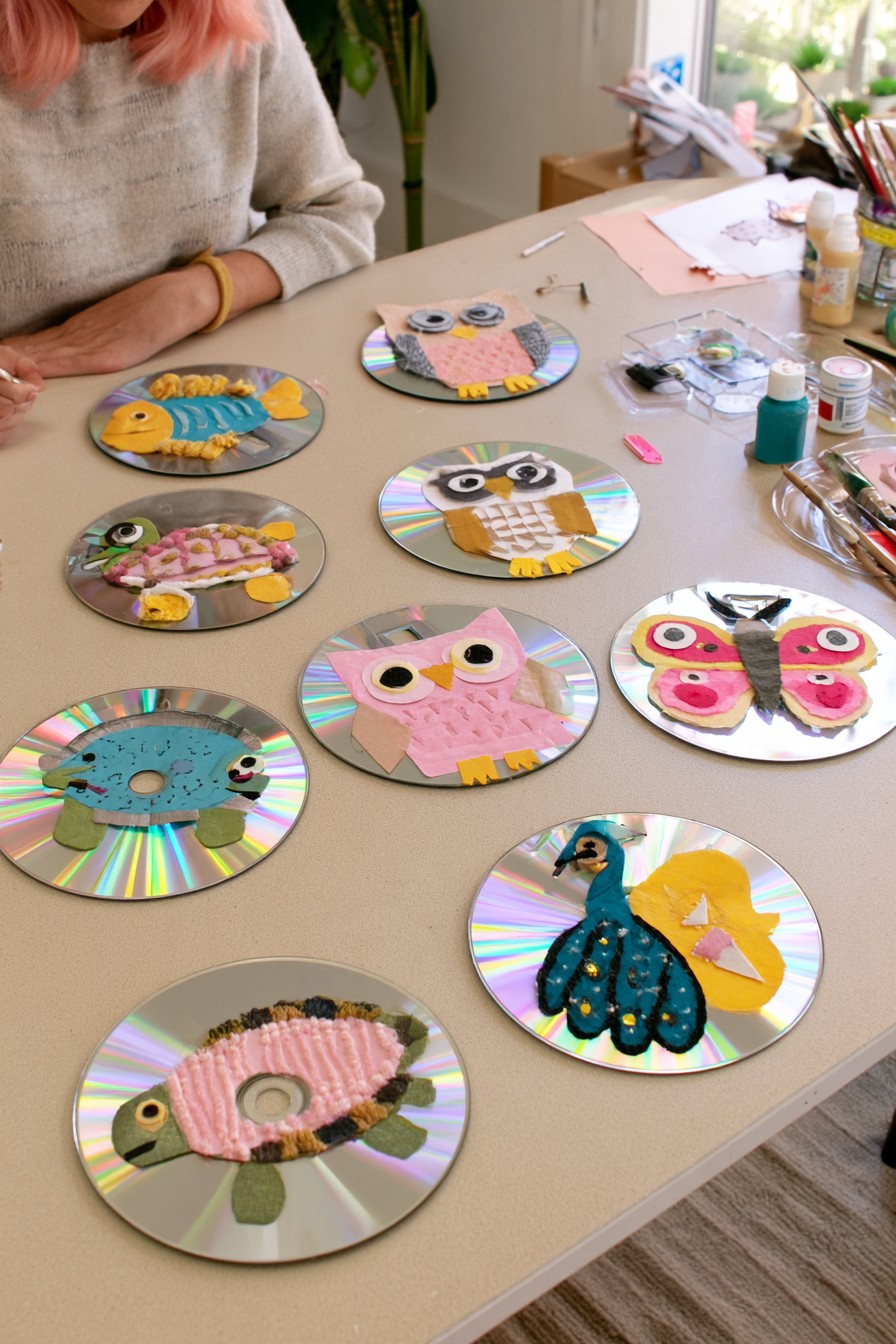 Reflective animal art made with intact reused CDs and cardboard shapes