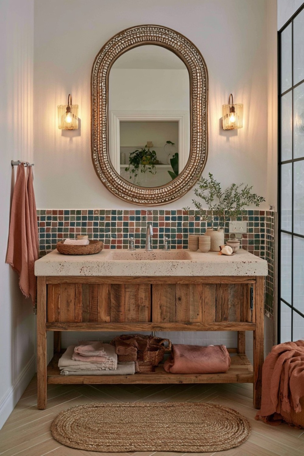 Raw stone bathroom surfaces softened with linen-look textiles