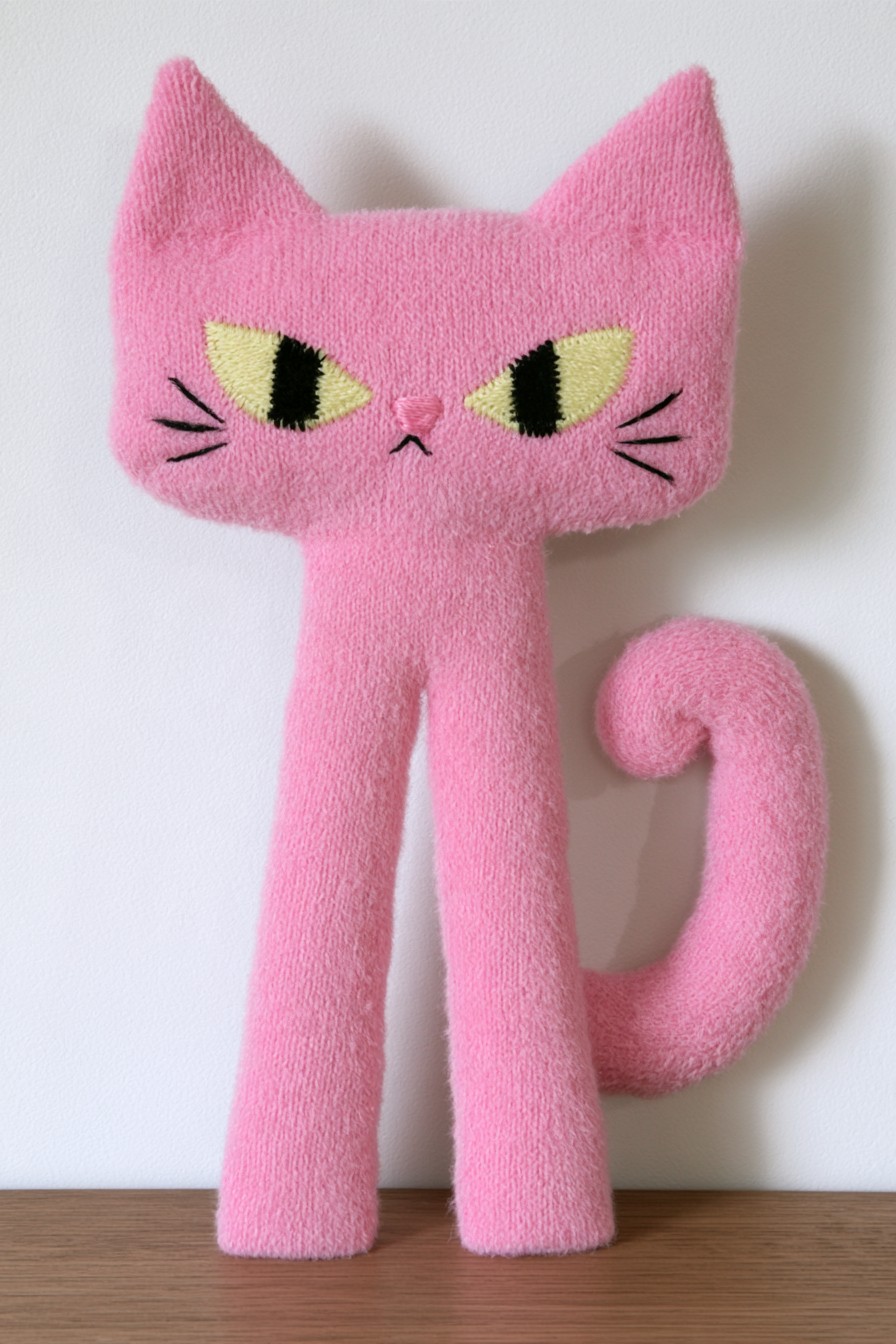 Pink cat character with pointed ears, yellow eyes, embroidered whiskers and a curled tail