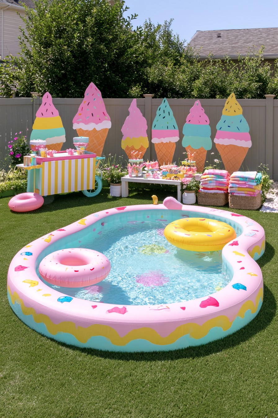 Pink backyard pool with ice cream cutouts, a striped cart, and doughnut-shaped floats