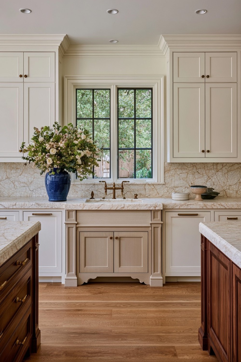 Furniture-style kitchen cabinets with decorative base details
