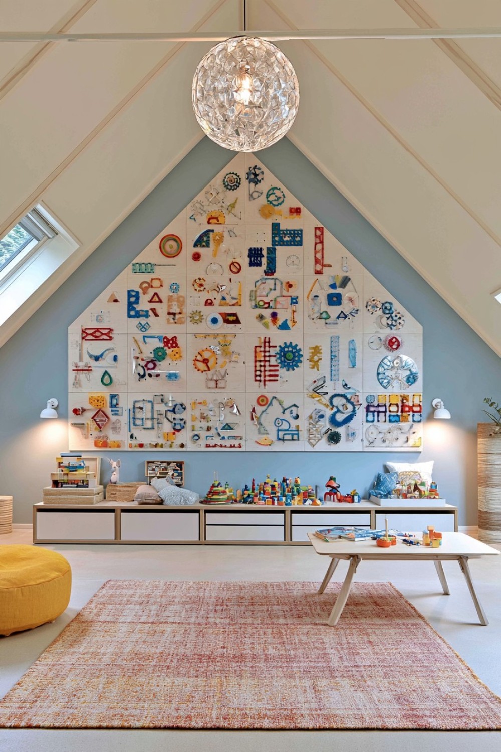 Large building block activity zone against an attic gable wall