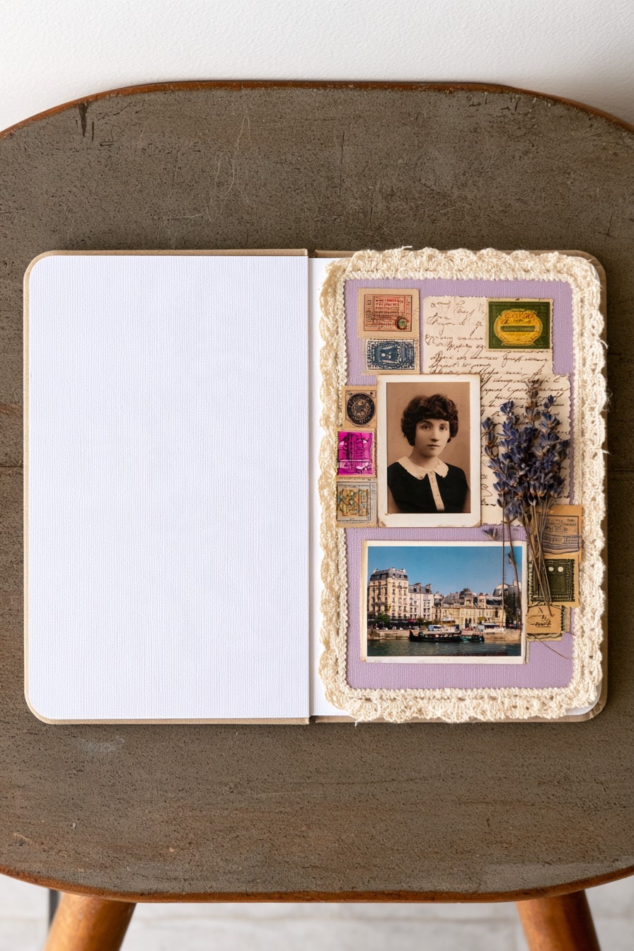 Vintage travel collage with postcards and lavender
