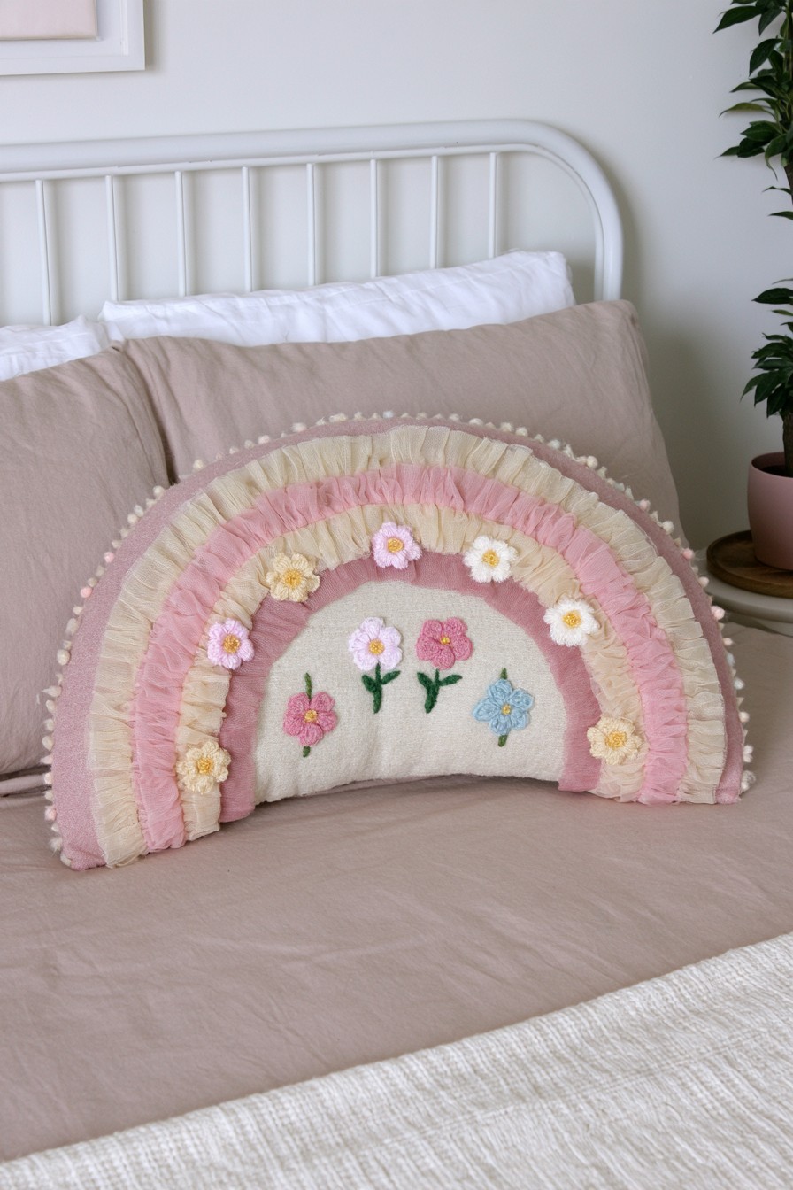 Pastel rainbow pillow with ruffles and small floral embroidery