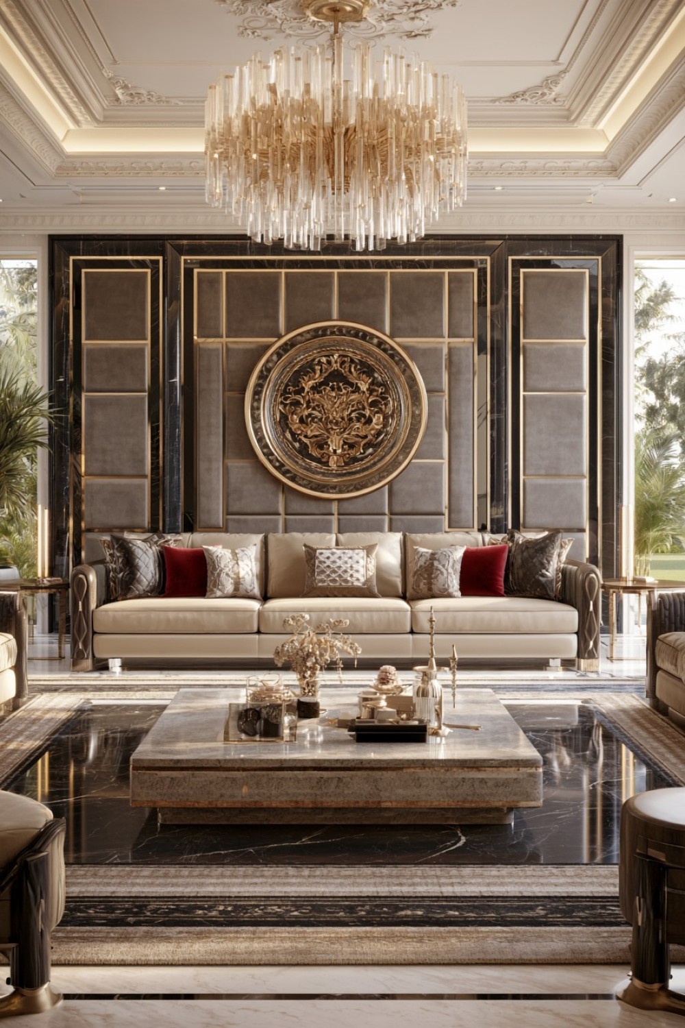 Hotel-inspired living room sofa wall finished with upholstered panels