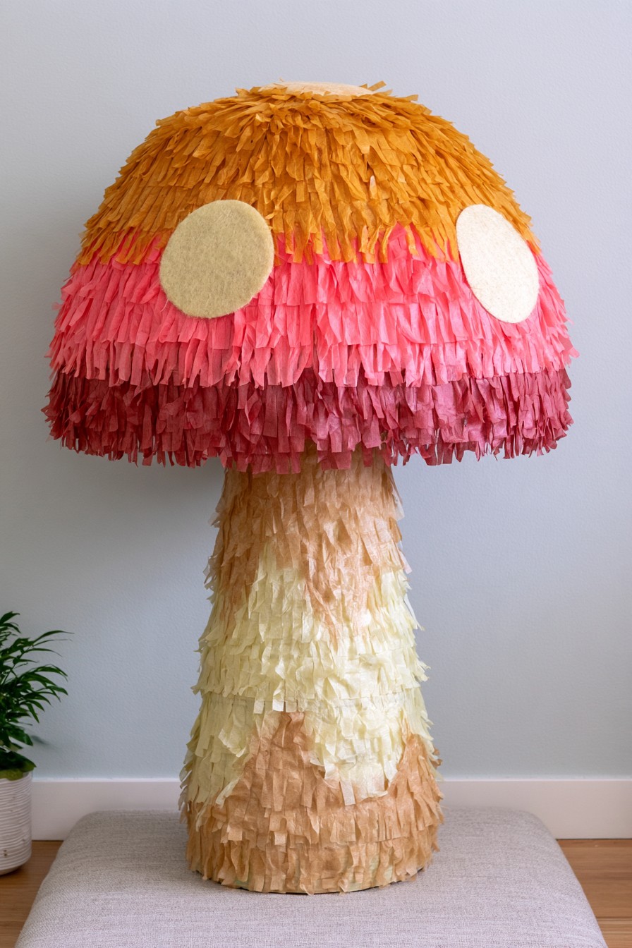 Colorful mushroom piñata with striped cap and large paper spots