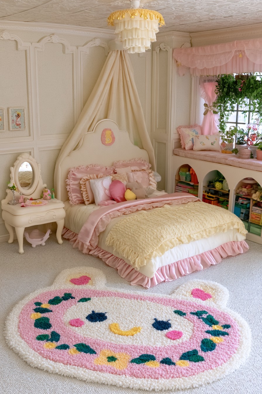 Cream and blush princess bedroom with draped canopy and layered bedding