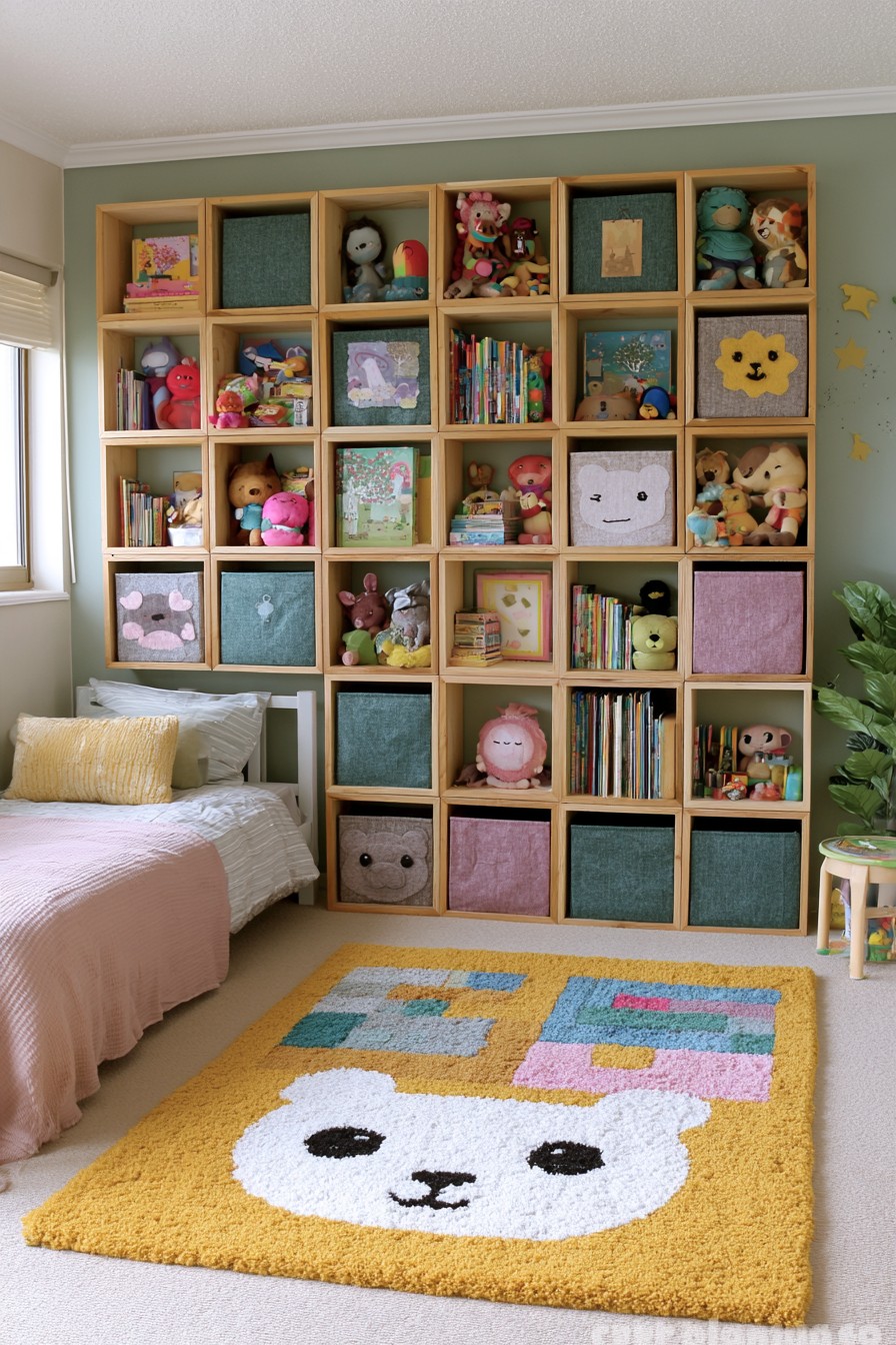 Tall timber cubby wall with pastel fabric bins, visible books, and plush toys beside a bed