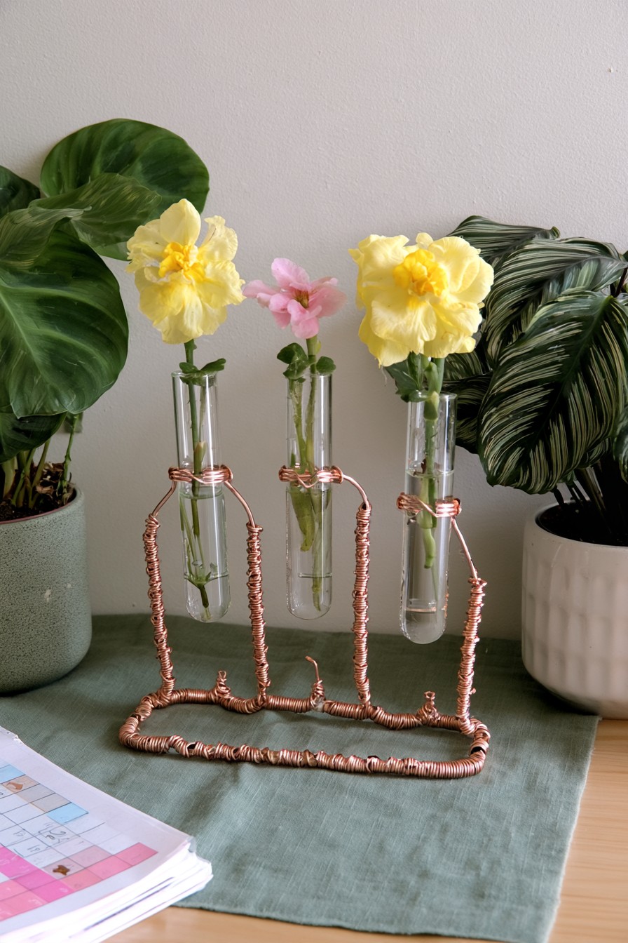 Copper wire test tube vase stand with three glass flower holders