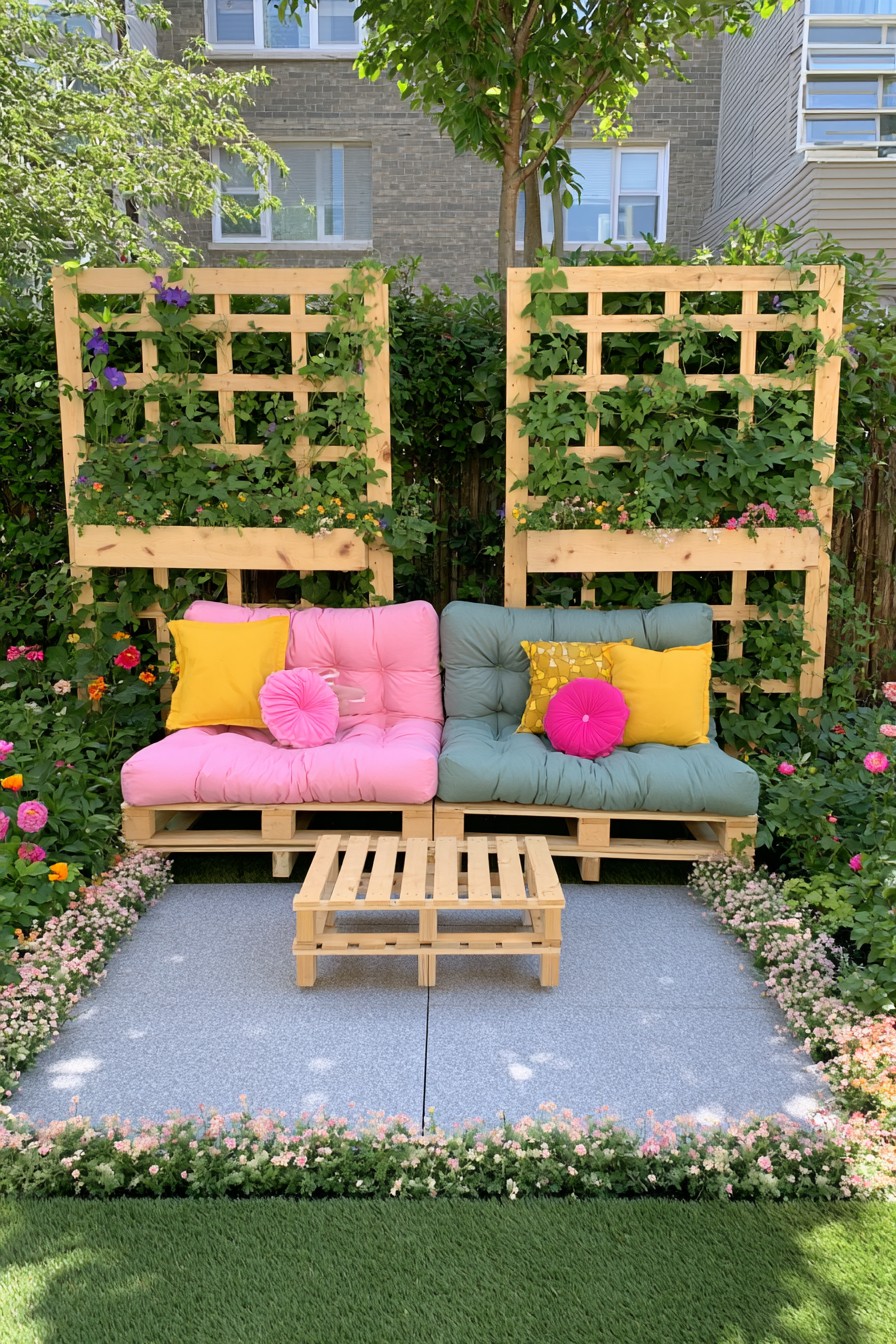 Pallet garden lounge framed by two tall climbing plant trellises