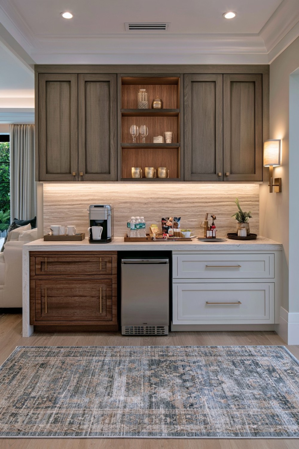 Compact coffee and refreshment station in a basement guest suite
