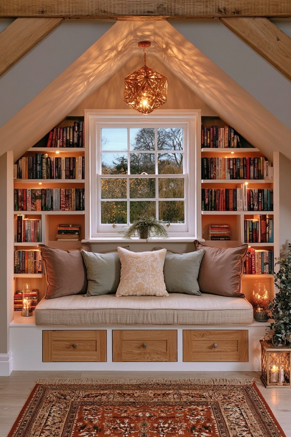 Deep attic dormer transformed into a window-seat library