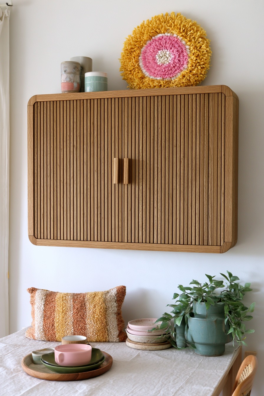 Wall mounted slatted wood cabinet with rounded corners