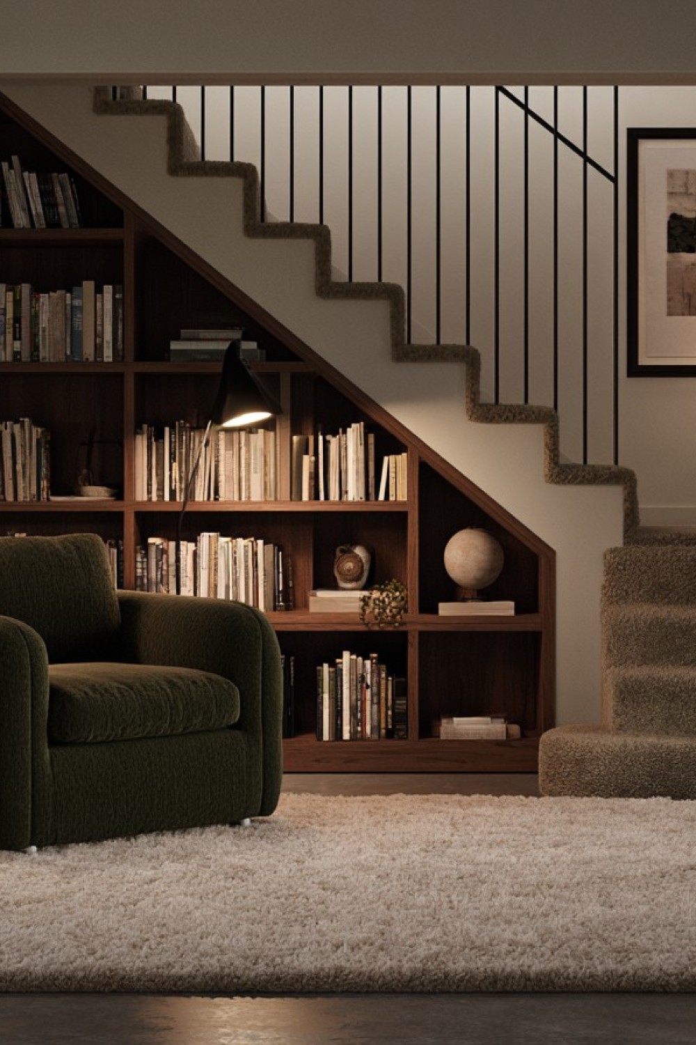 Small basement reading nook with a chair and focused lighting