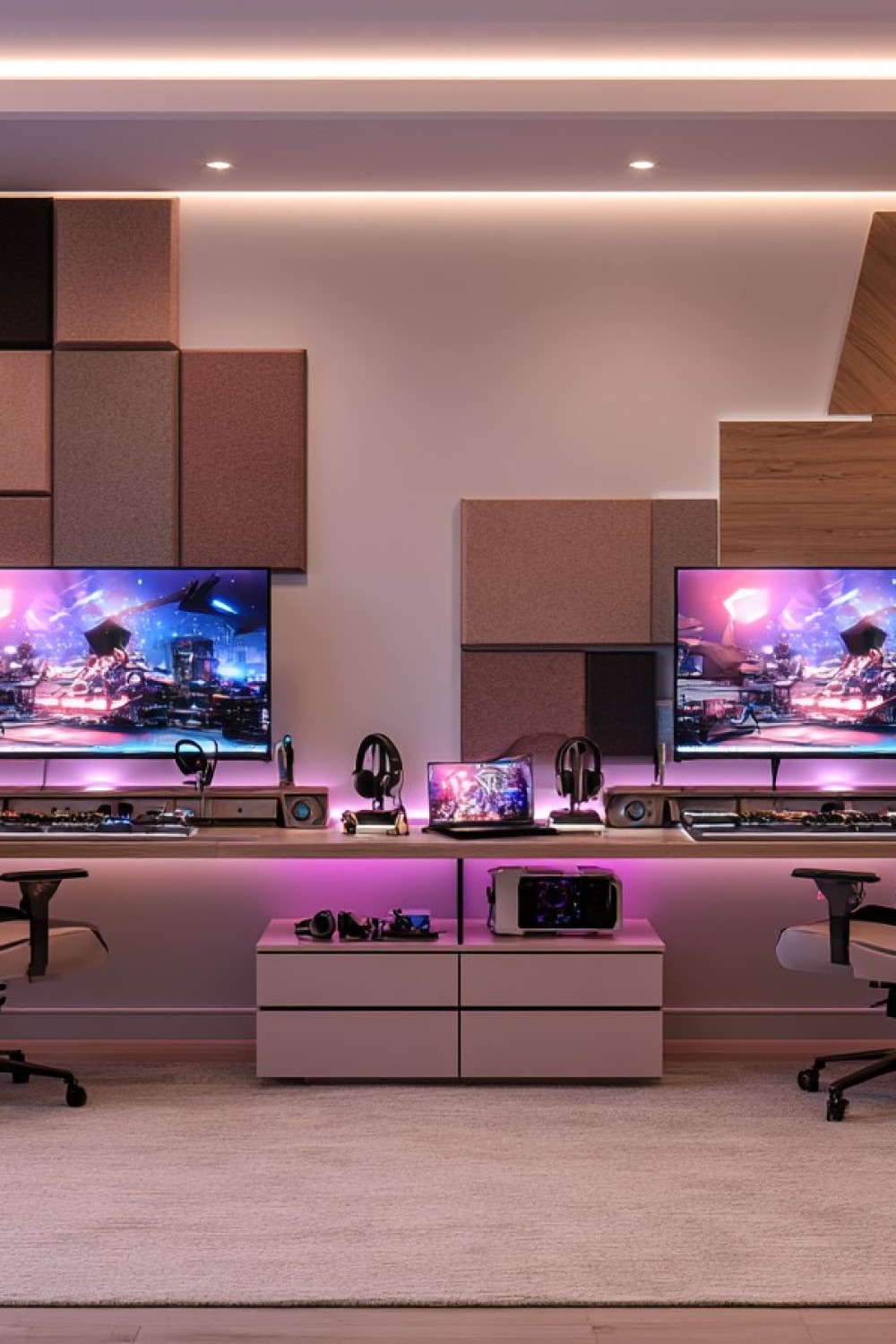 Shared gaming room with decorative acoustic wall panels