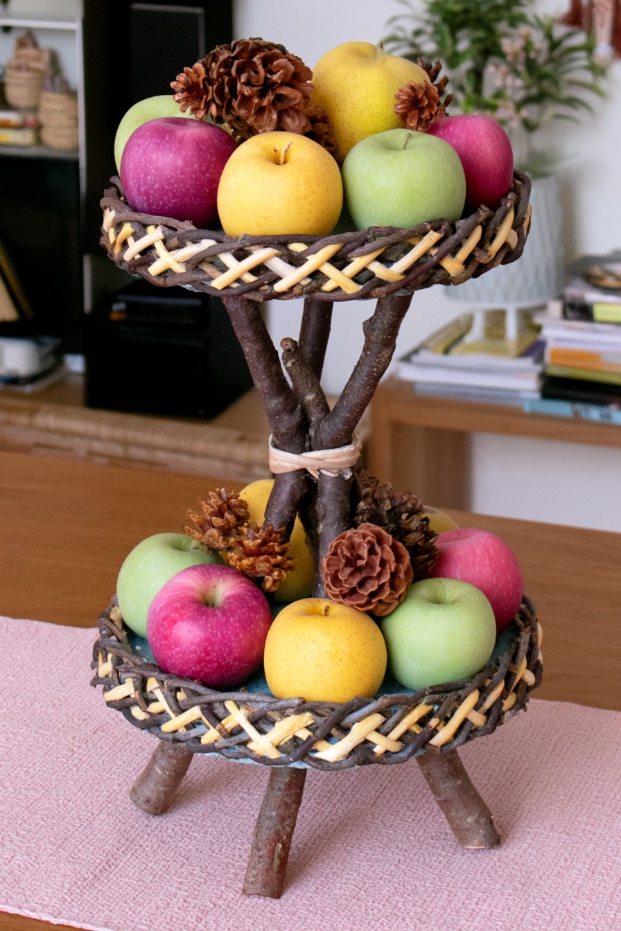 Two-tier fruit stand with woven twig rims and branch supports