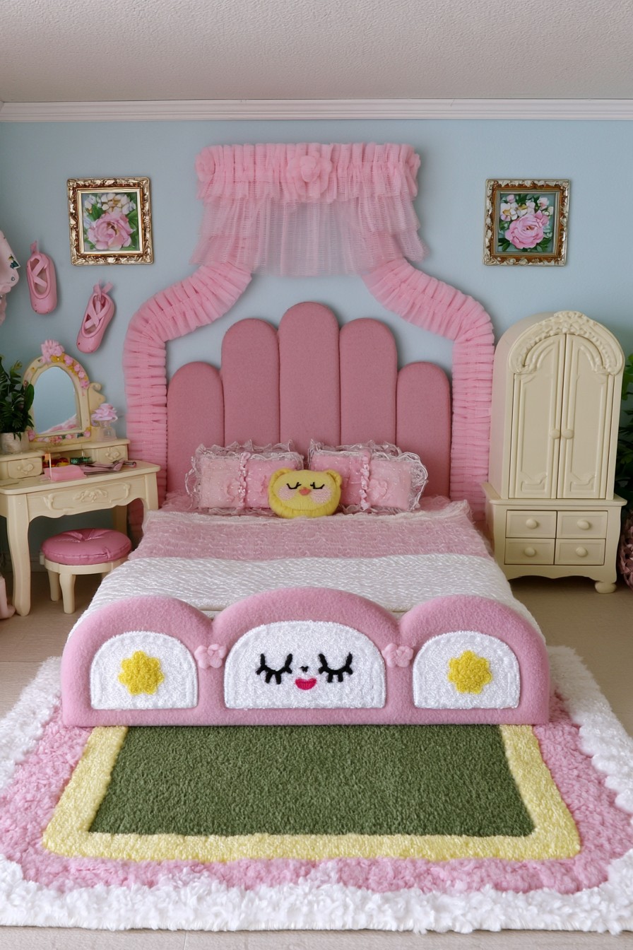 Ballet inspired princess bedroom with soft pink curved headboard