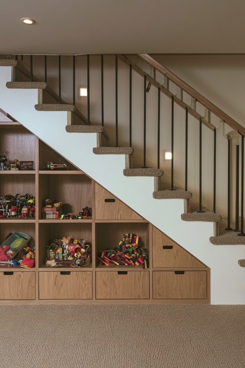 Custom storage drawers installed beneath a basement staircase