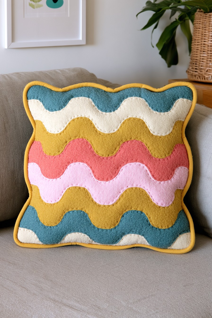 Retro wavy appliqué pillow with colorful curved fabric bands