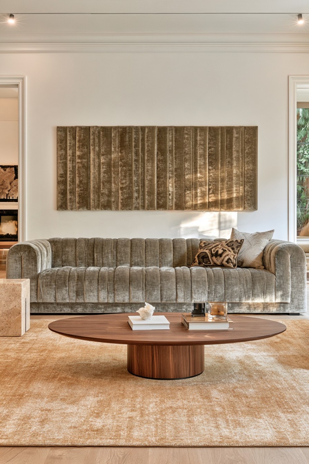 Channel-tufted sofa introducing strong visual rhythm to a living room