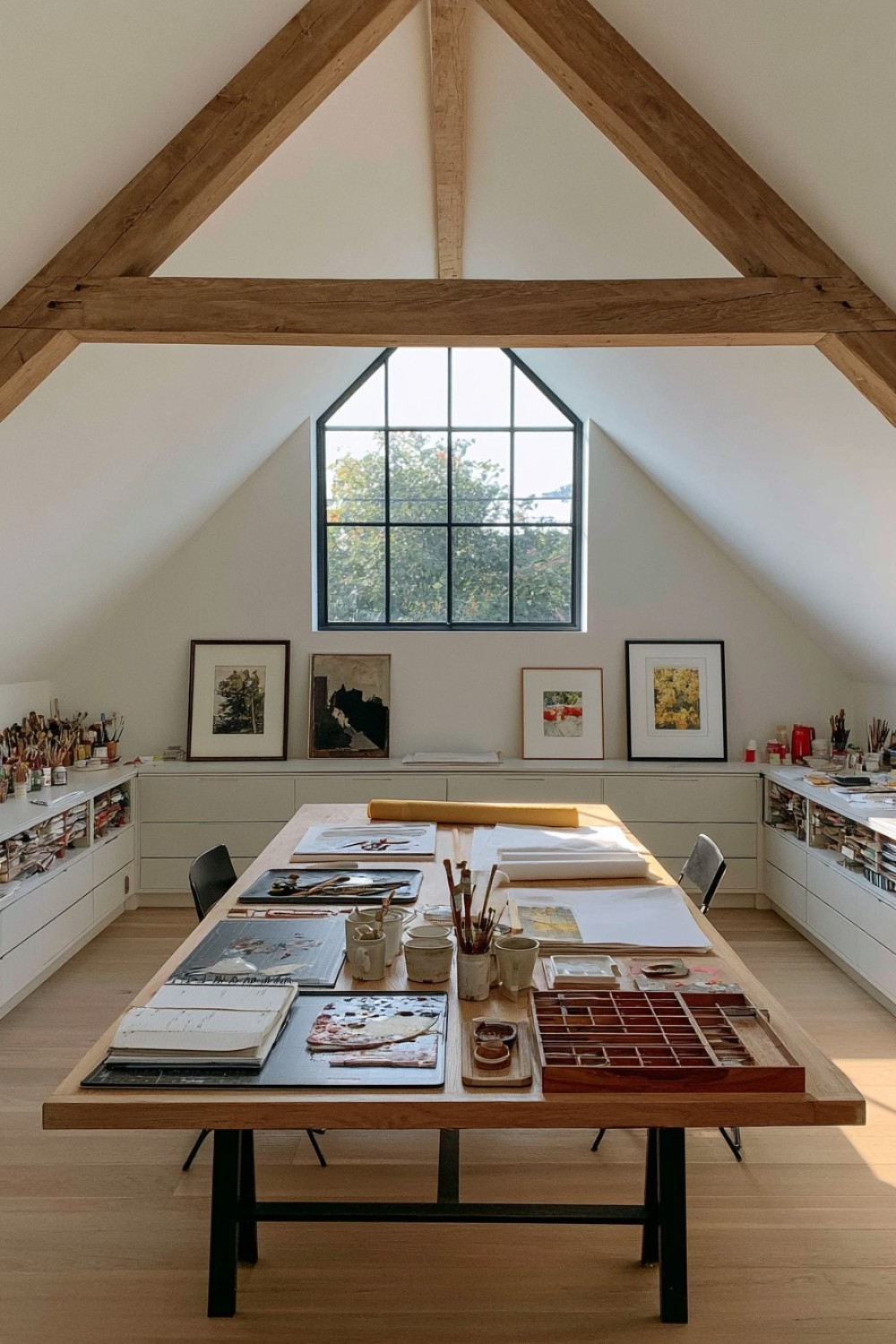 Attic artist studio organized around a large central worktable