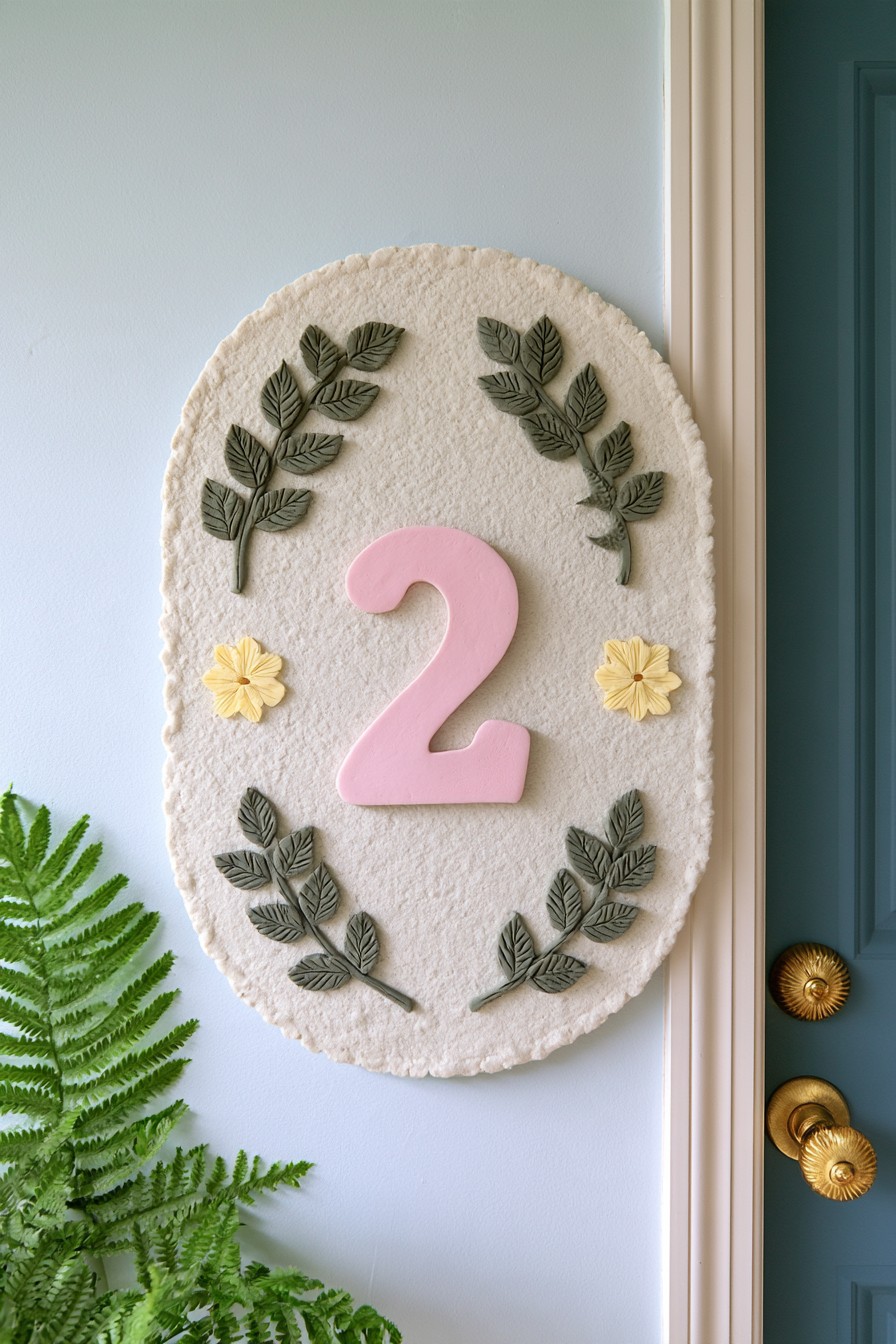 Botanical air dry clay house number plaque with raised flowers