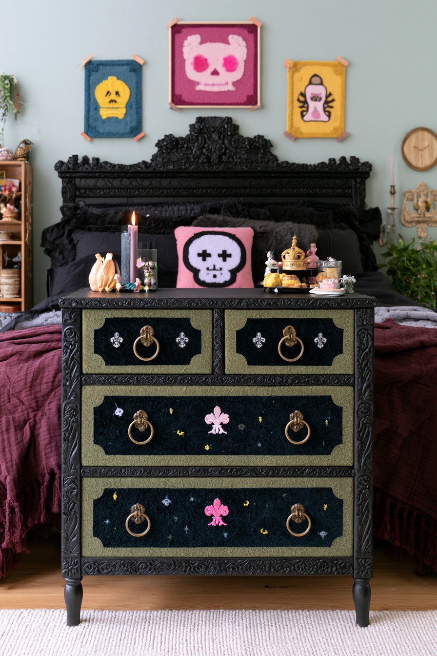 Gothic velvet drawer fronts with antique ring pulls