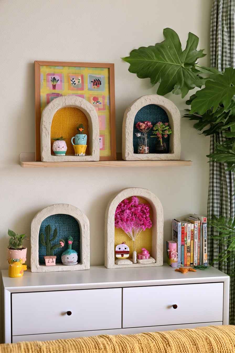 Miniature arched clay display shelves in muted colors