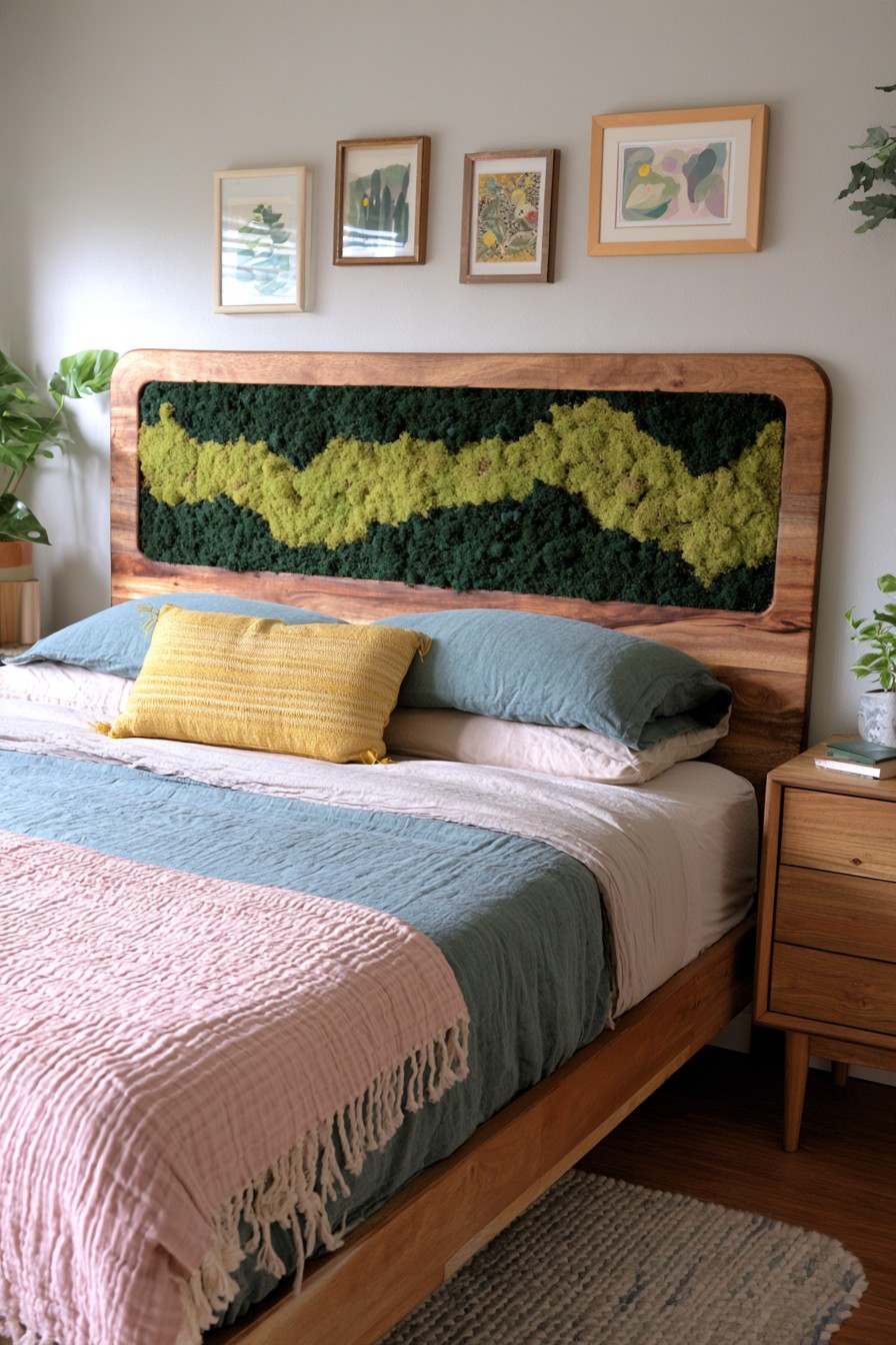 Wooden headboard with recessed preserved moss panel