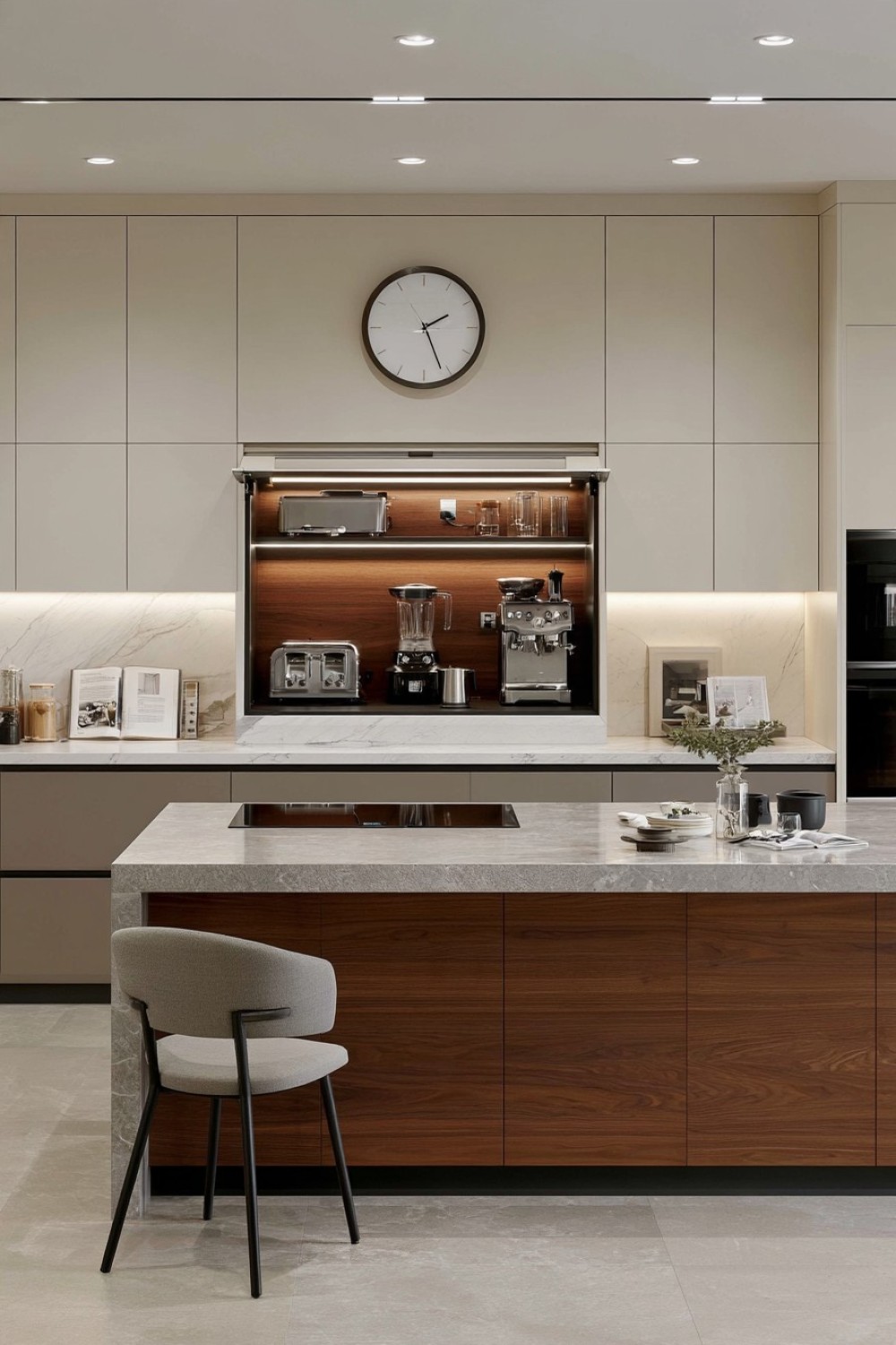 Hidden countertop appliance garage with organized kitchen equipment