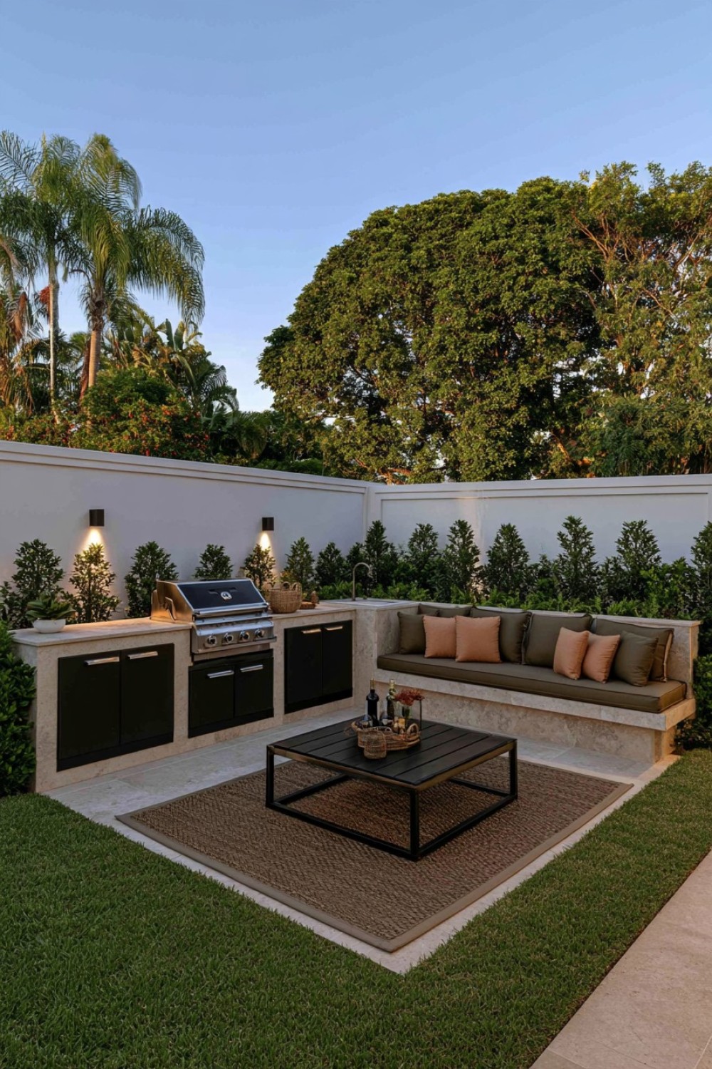 Low stone bench providing seating beside an outdoor kitchen