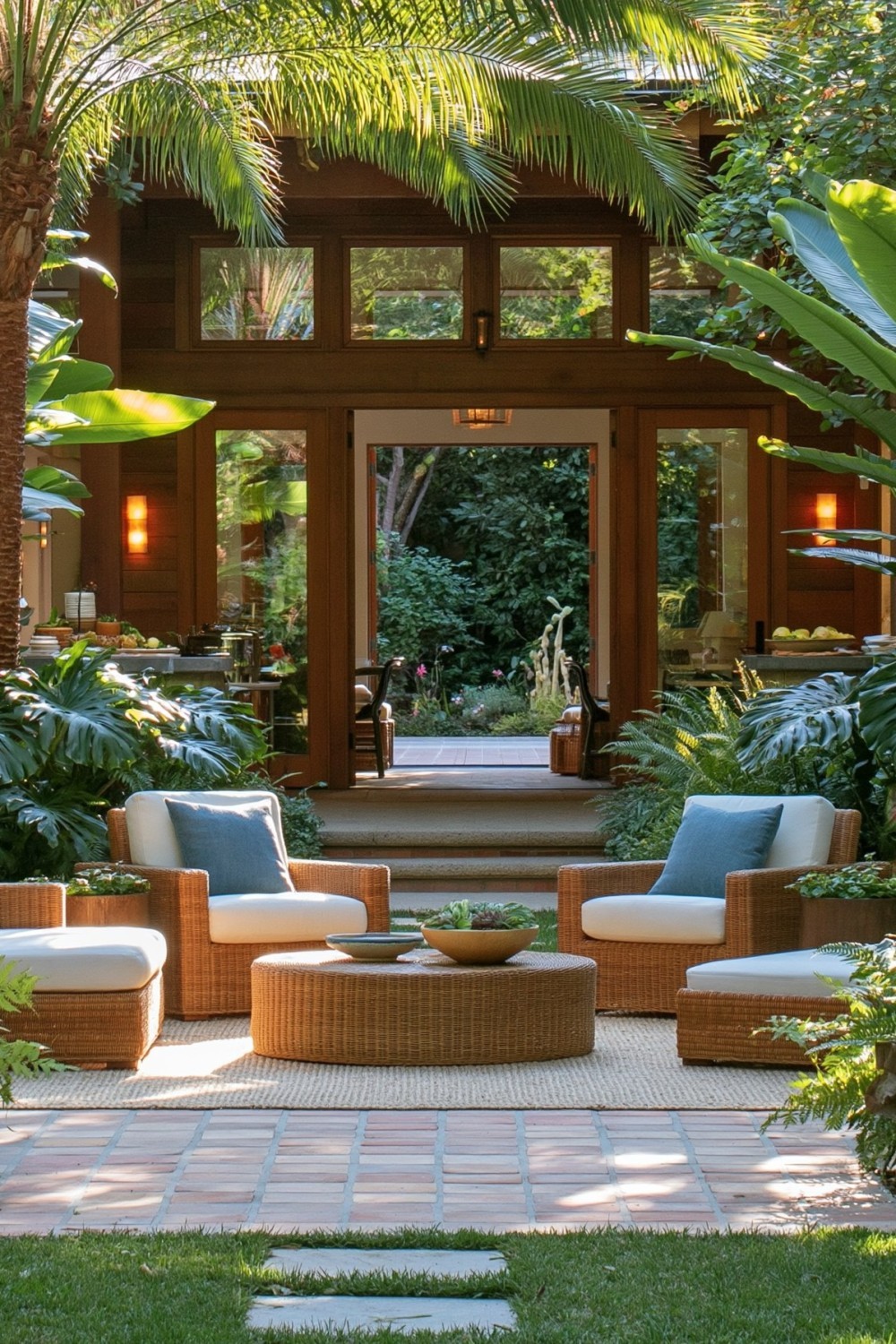 Well-maintained tropical patio with open circulation and healthy plant spacing