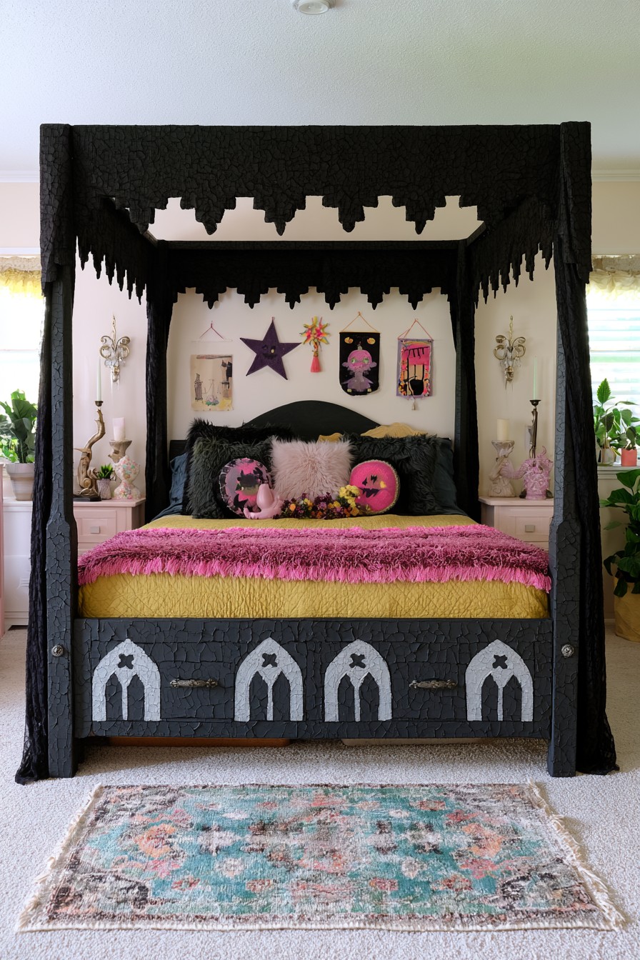 Crackled black drawer fronts with white Gothic arches