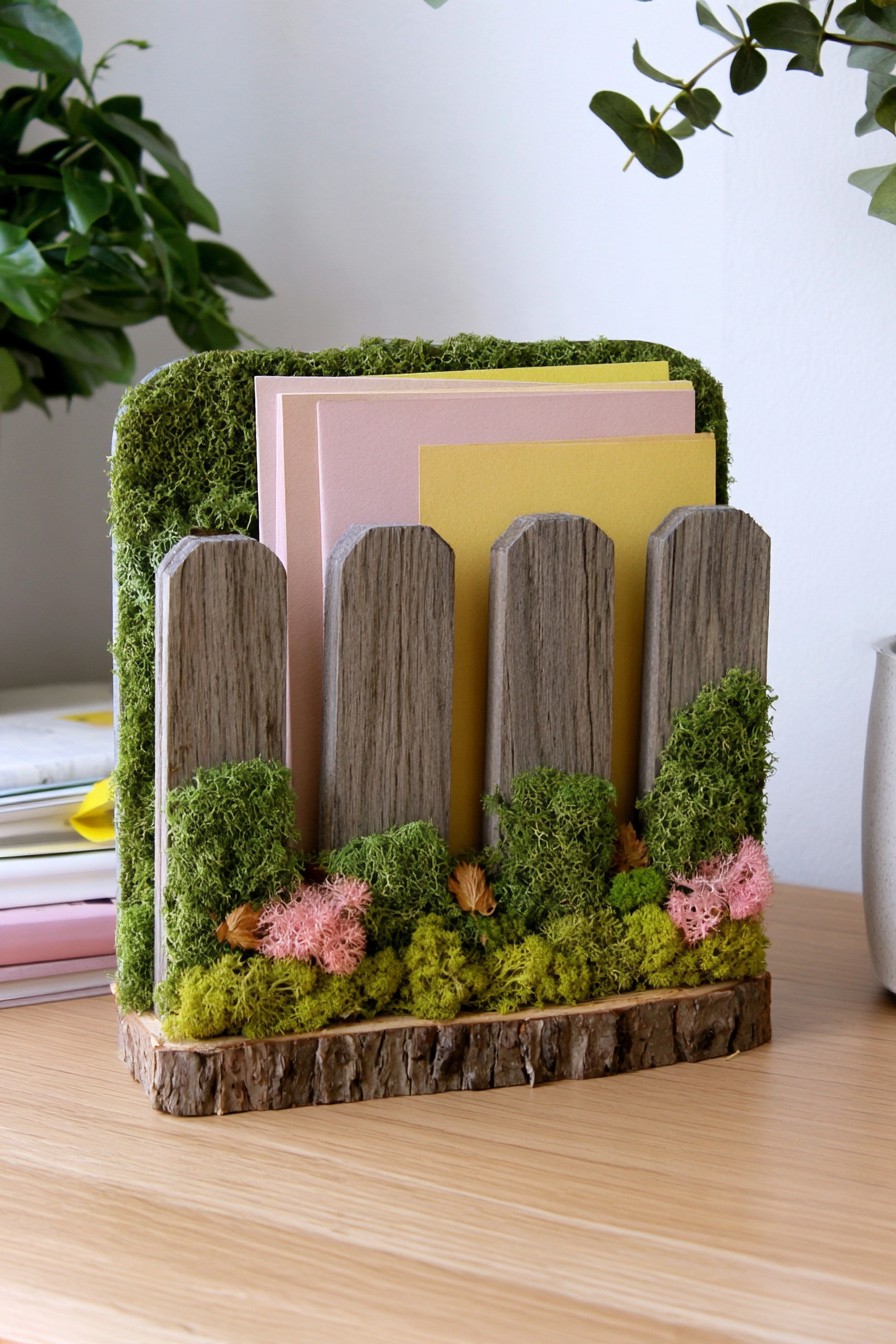 Wooden desk organizer with preserved moss and bark accents
