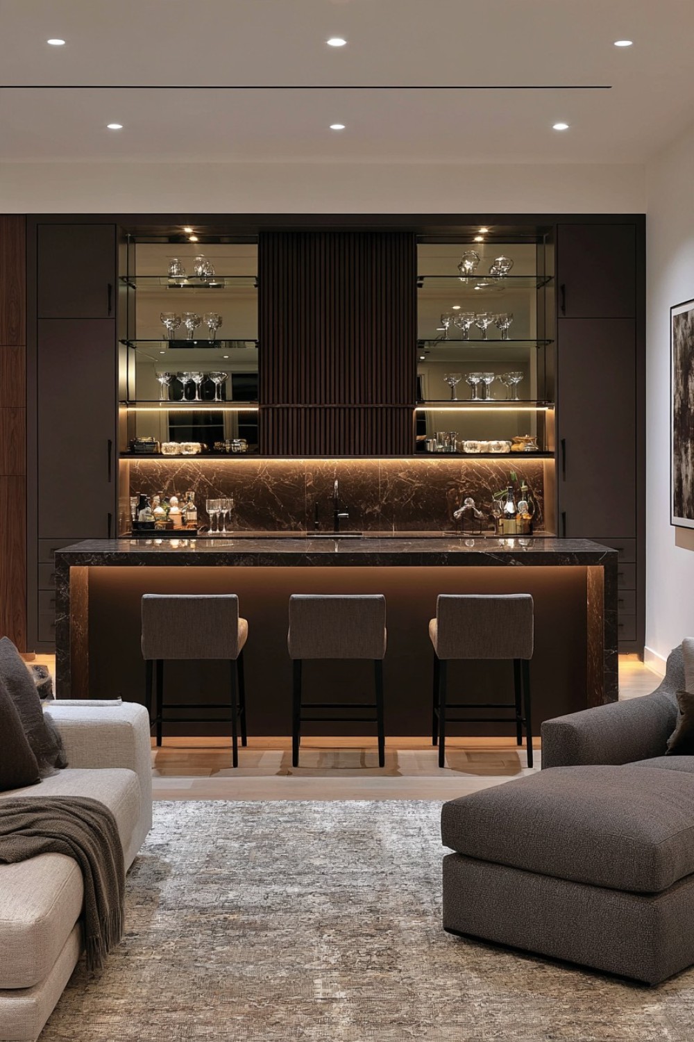 Moody monochrome basement bar with layered dark materials