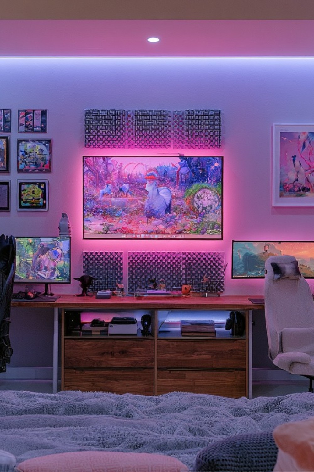 Shared gaming room combining two coordinated color palettes