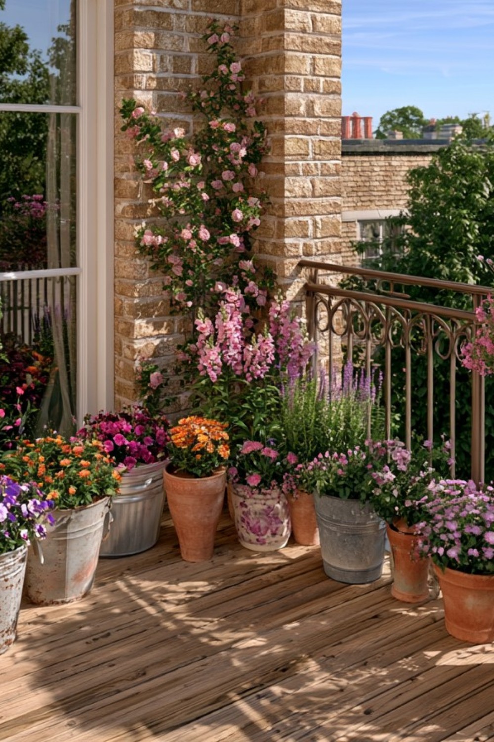 Terracotta pots combined with weathered metal containers on a balcony