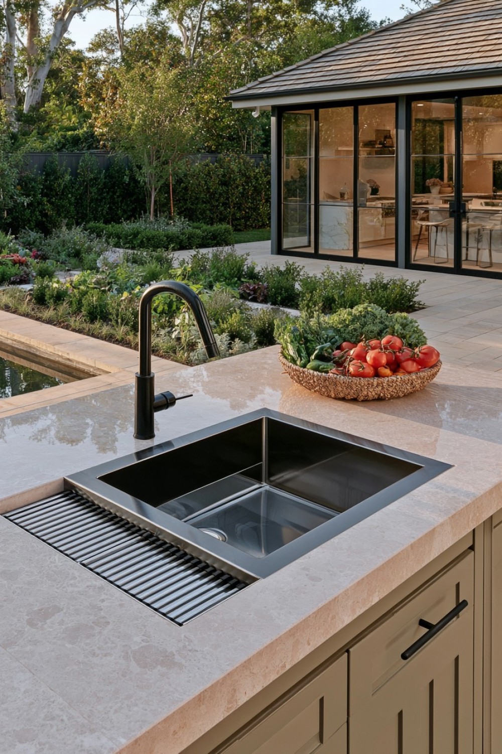 Outdoor rinse sink arranged for cleaning garden produce
