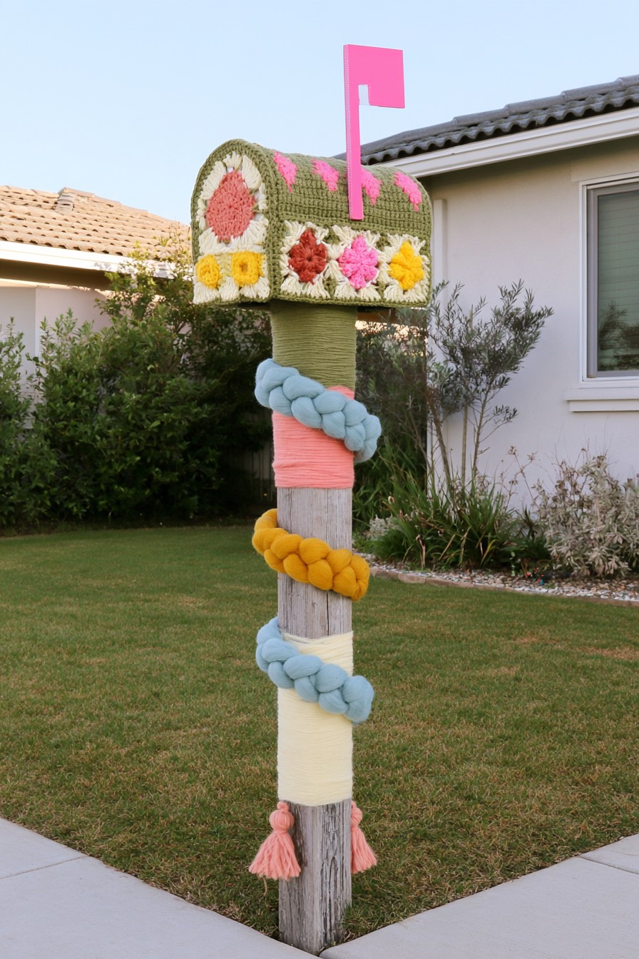 Outdoor mailbox decorated with crochet flowers and colorful yarn