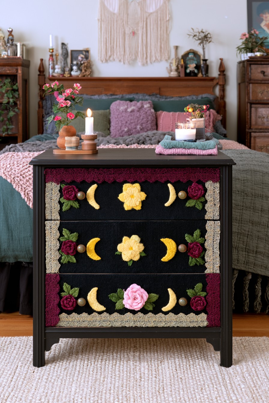 Floral embroidered drawer fronts with crescent moon details