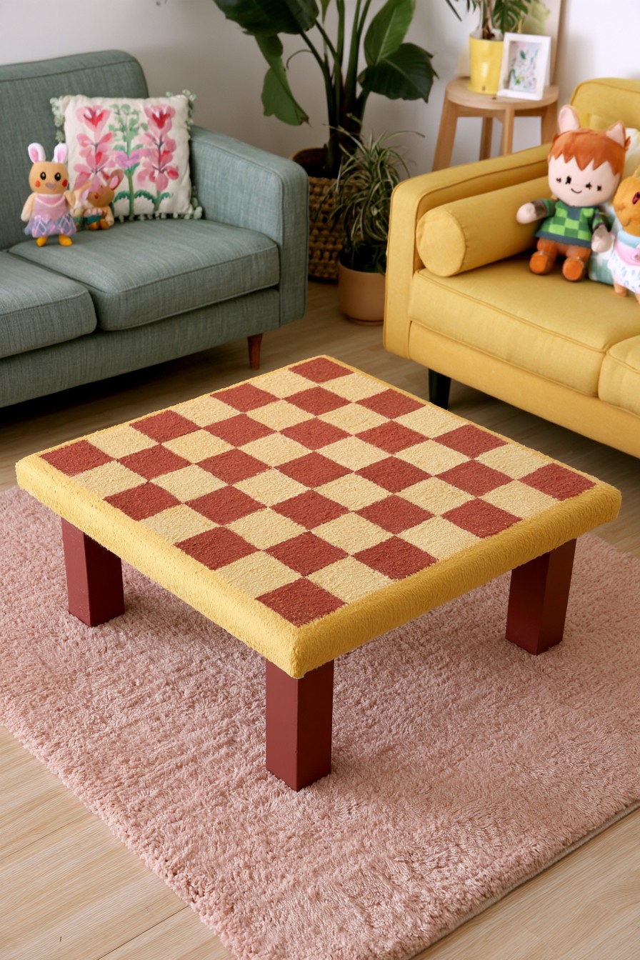 Rust and cream checkerboard painted coffee table with golden border