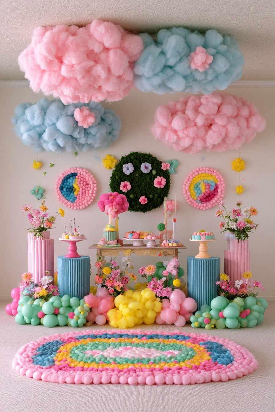 Pastel cloud gender reveal dessert table with flowers balloons and colorful pedestals