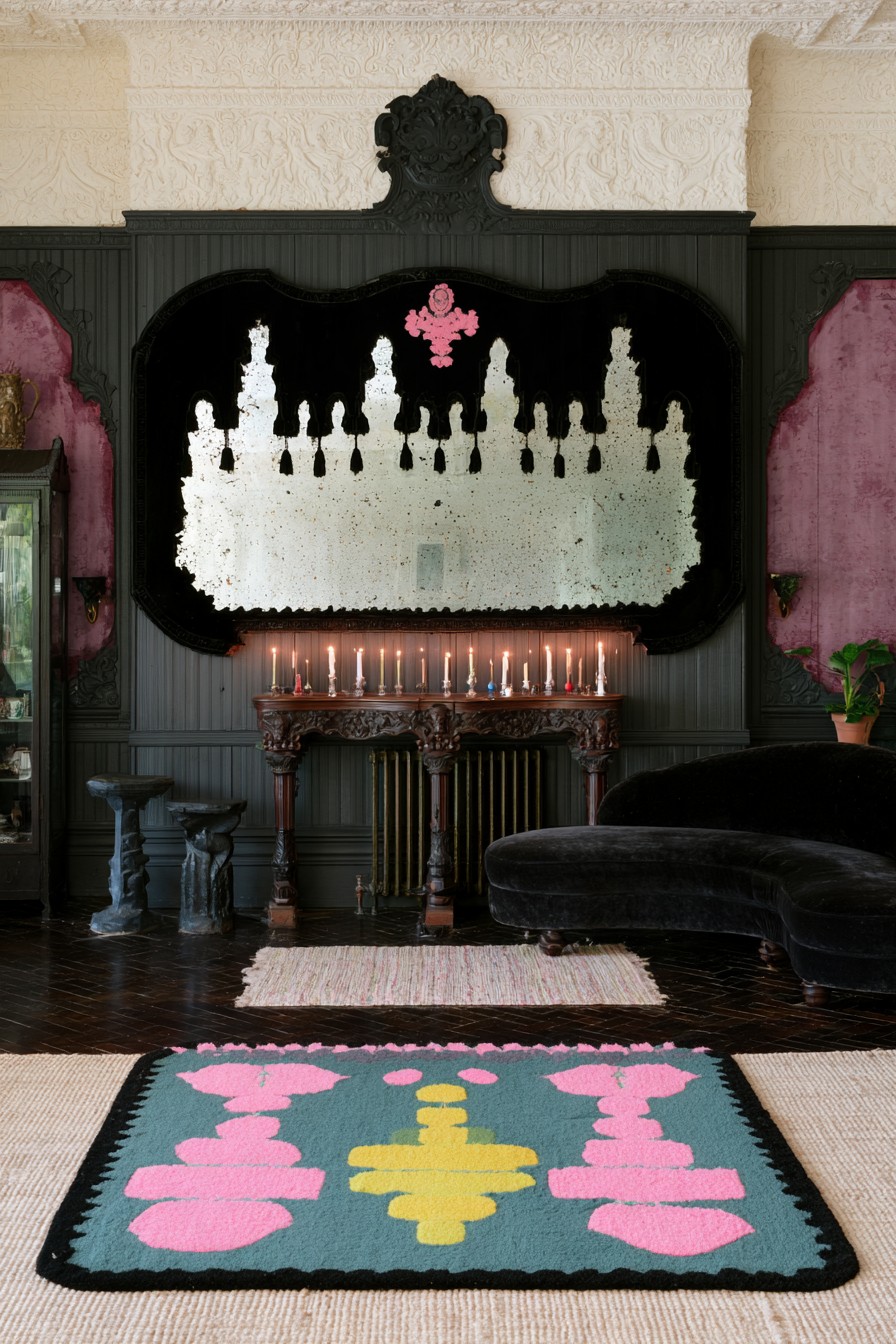 Oversized black framed wall feature with a pale castlelike silhouette above a candle lined console and black chaise