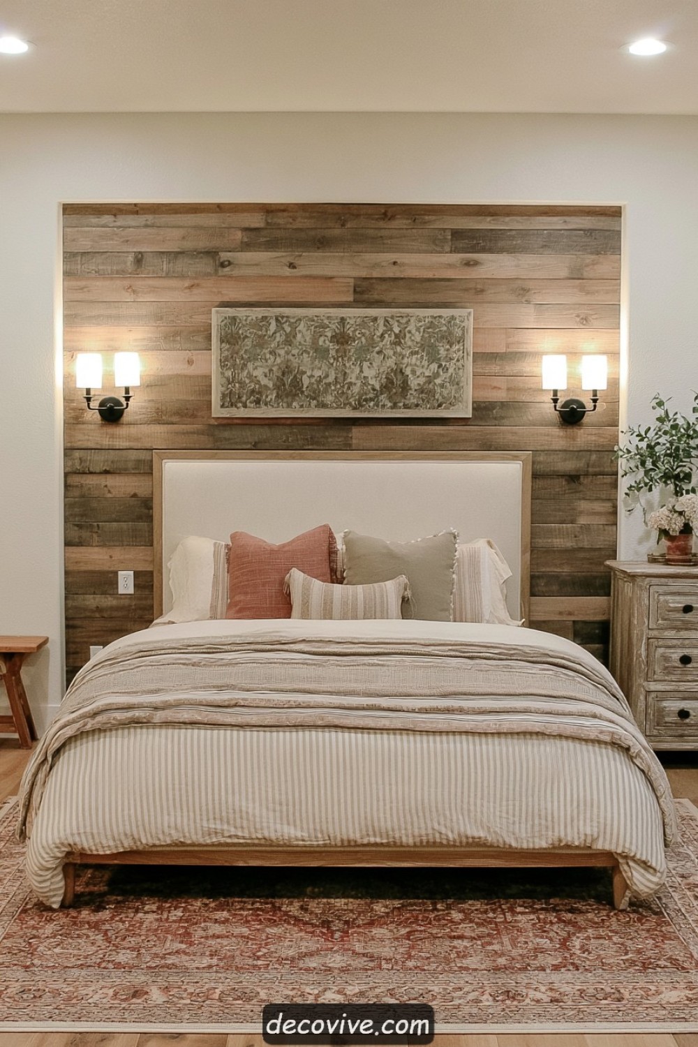 Softly washed timber feature wall behind a farmhouse bed