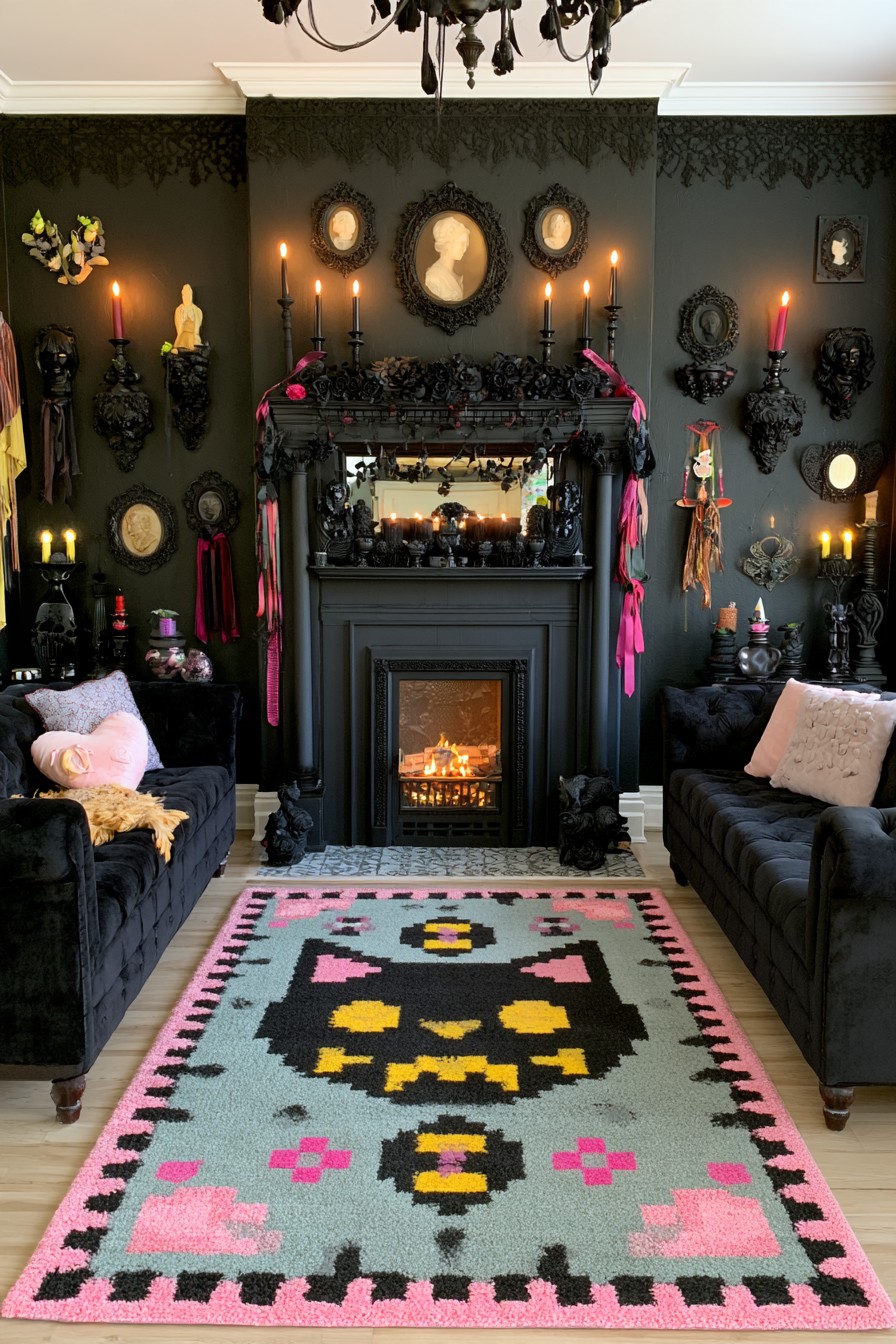 Gothic living room with cameo portraits above a fireplace, black sofas, pink ribbons, and a pink bordered skull rug