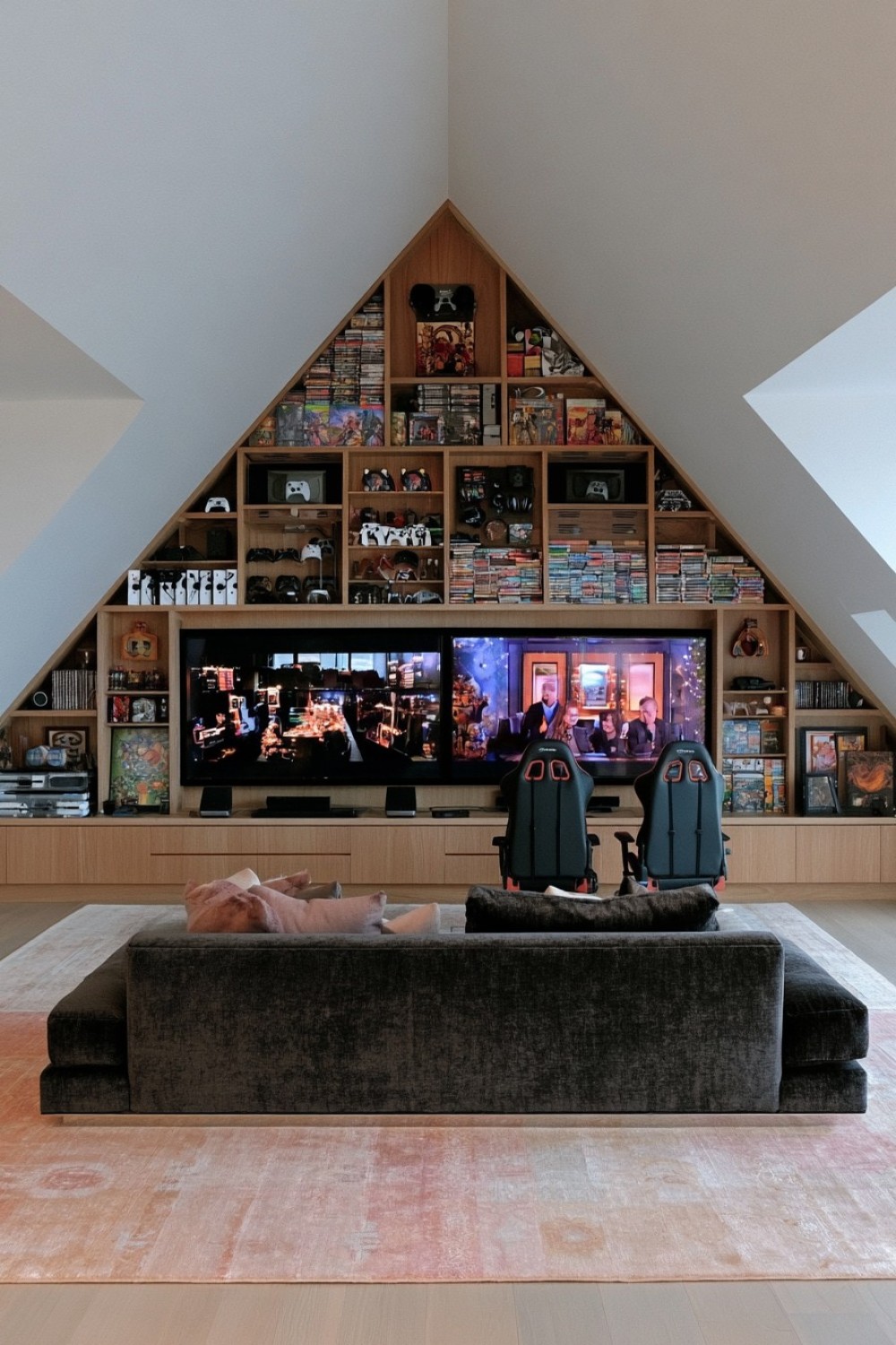 Built-in gaming station fitted beneath a low attic eave