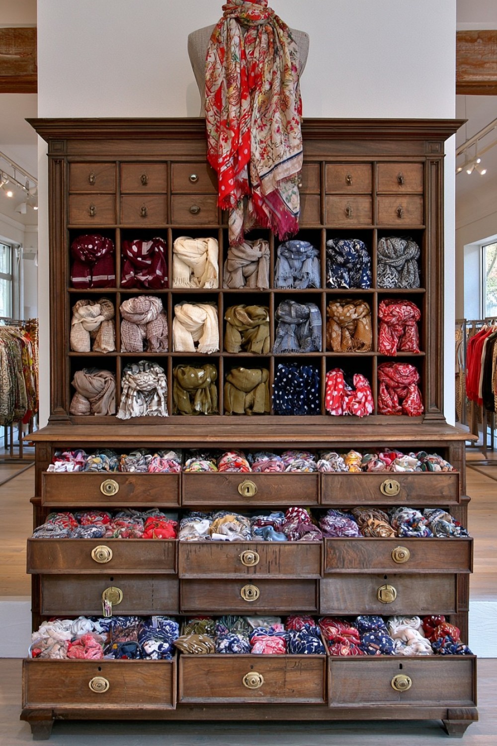 Folded scarves presented inside restored vintage drawers