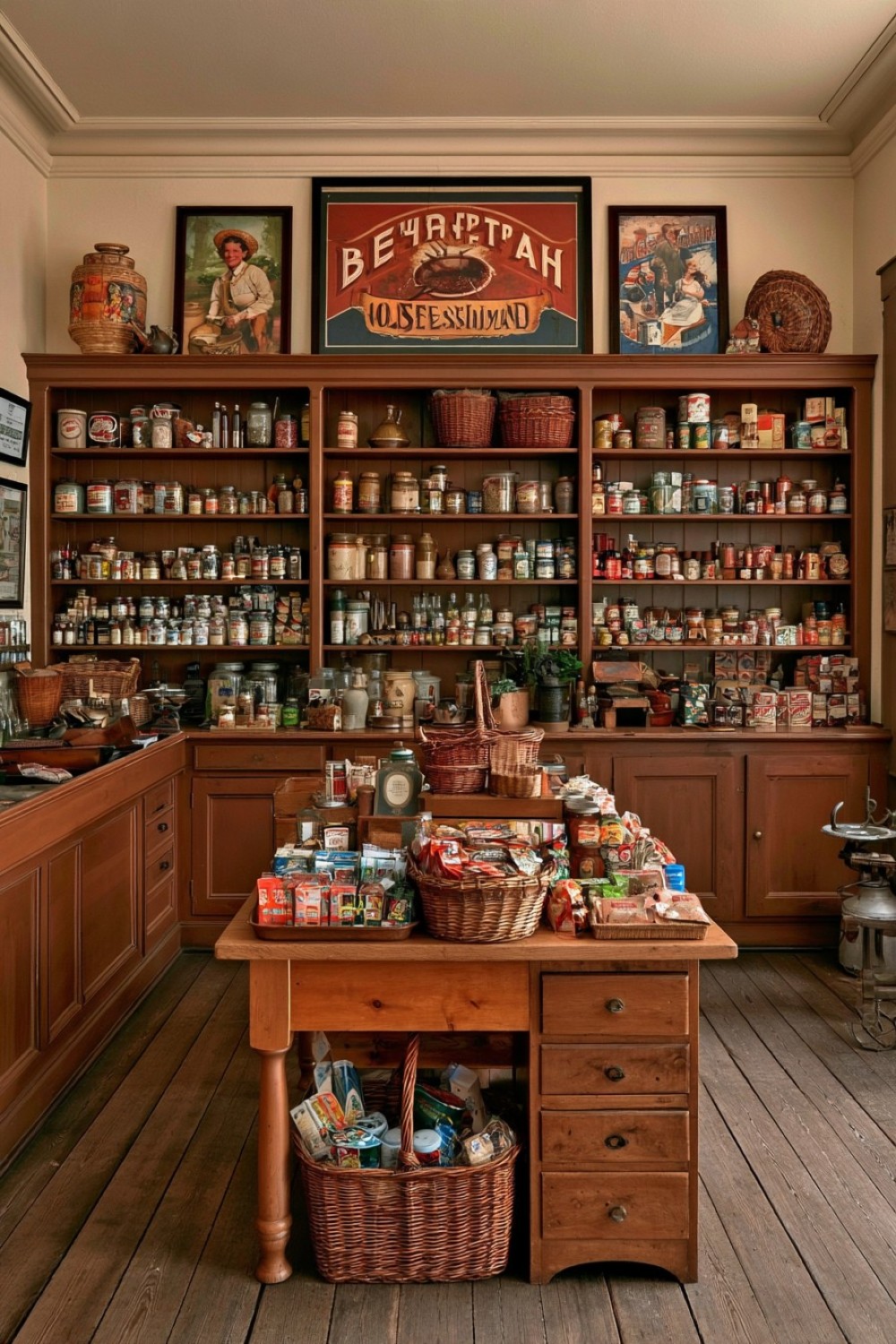Old-fashioned general store interior with timber and warm cream finishes