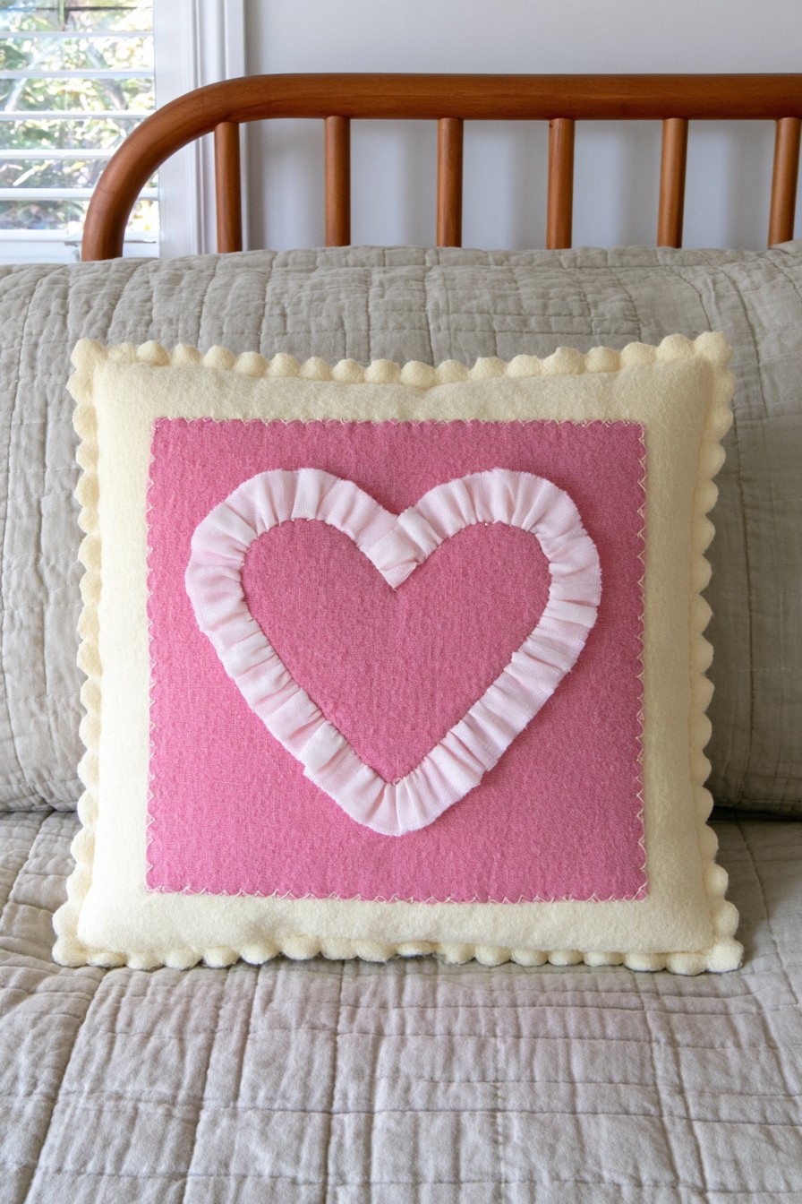 Pink heart pillow with layered felt and gathered ruffle trim