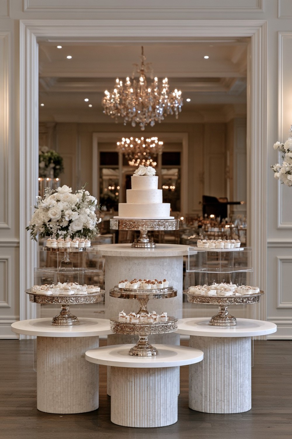 10. White Stone And Silver Dessert Display